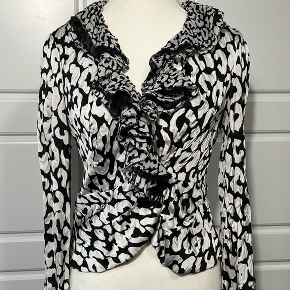 Alberto Malaki Ruffled Blouse Animal Print Long Sleeve Top Black White Career SM - Picture 1 of 9